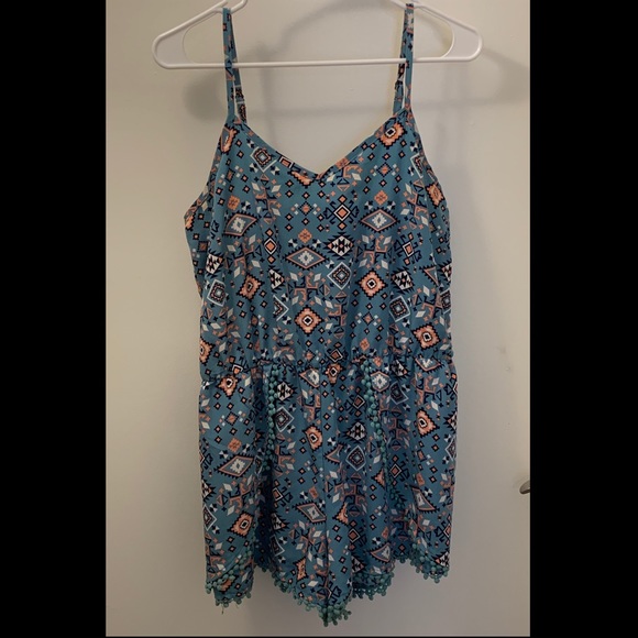 Turquoise Lace-Edge Tribal Print Romper - Picture 2 of 2